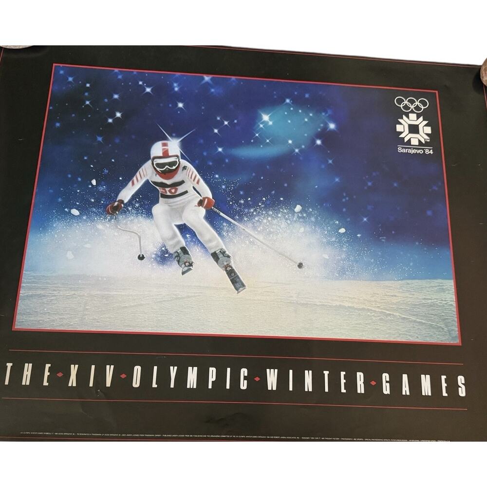 VTG 1984 XIV Olympic Winter Games Poster Sarajevo Skiing Johnson Muller READ